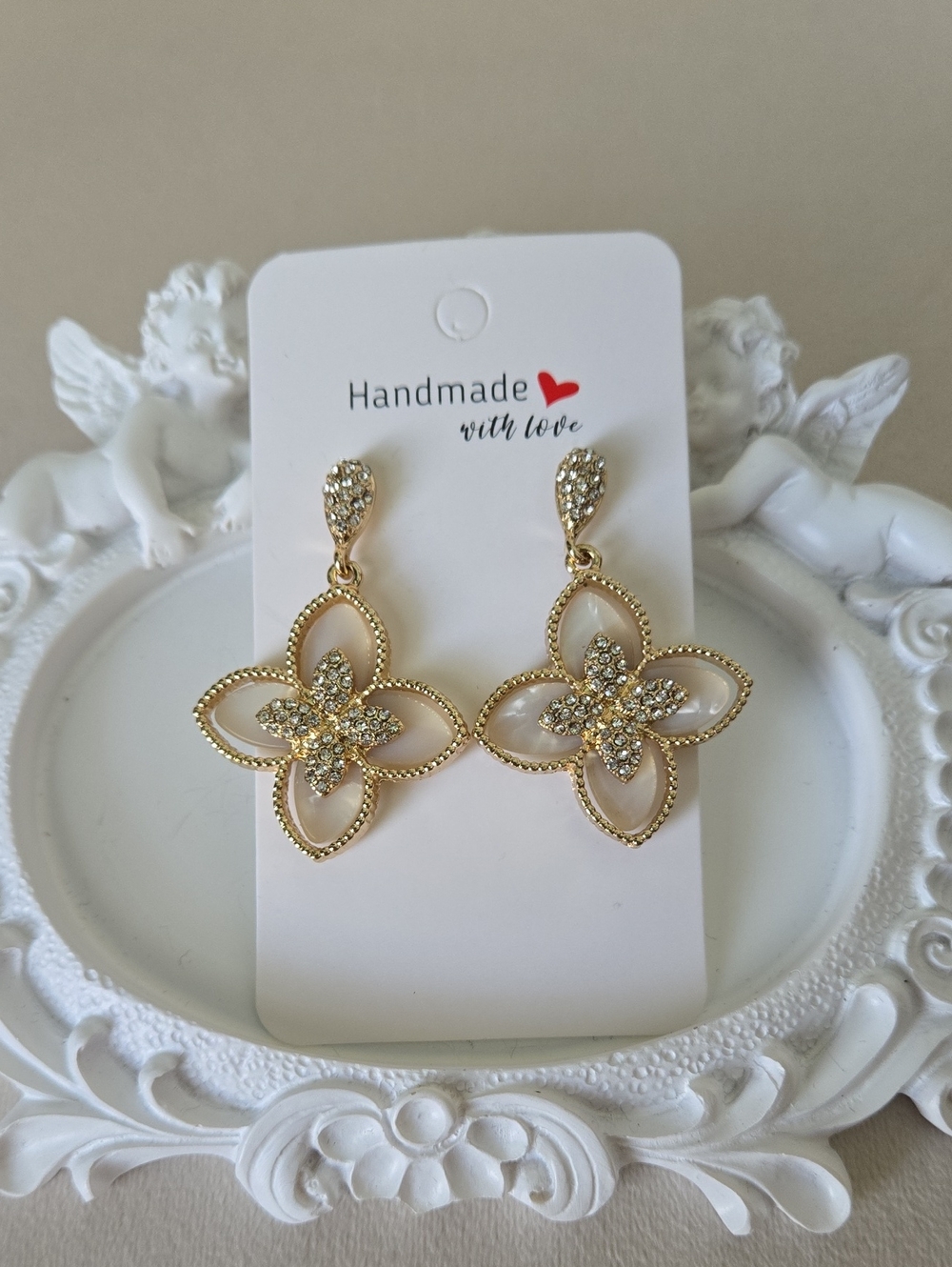 Gold Floral Drop Earrings with Crystal Accents